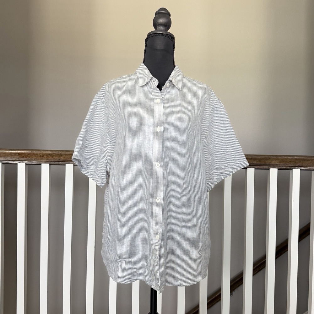 Quince 100% European Linen Short Sleeve Blue Pinstripe Shirt Pajama Top Large